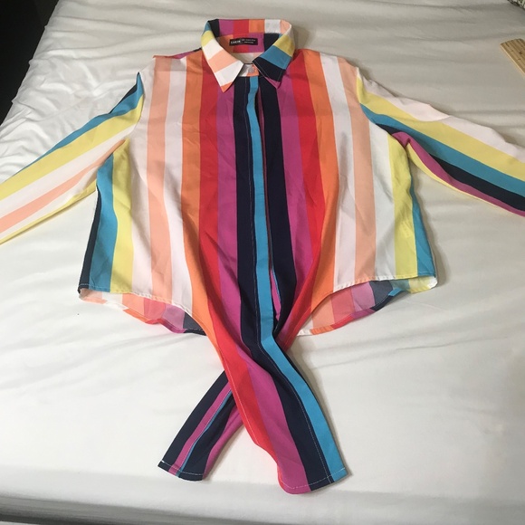 Women’s Multicolor Vertical Striped Button-Up Blouse Tie Front - Picture 8 of 12